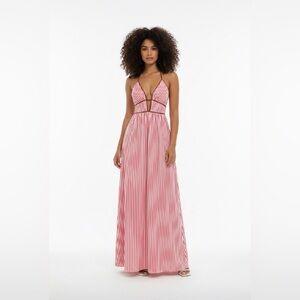 Striped Pink Plunge Halter Maxi Dress